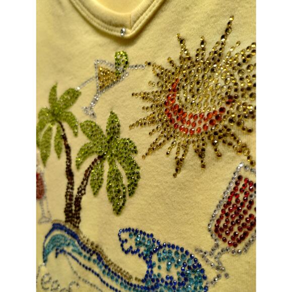 Vintage Get Lucky USA Size XL Yellow V-Neck Beach Embellished Jeweled T-Shirt - Picture 3 of 7